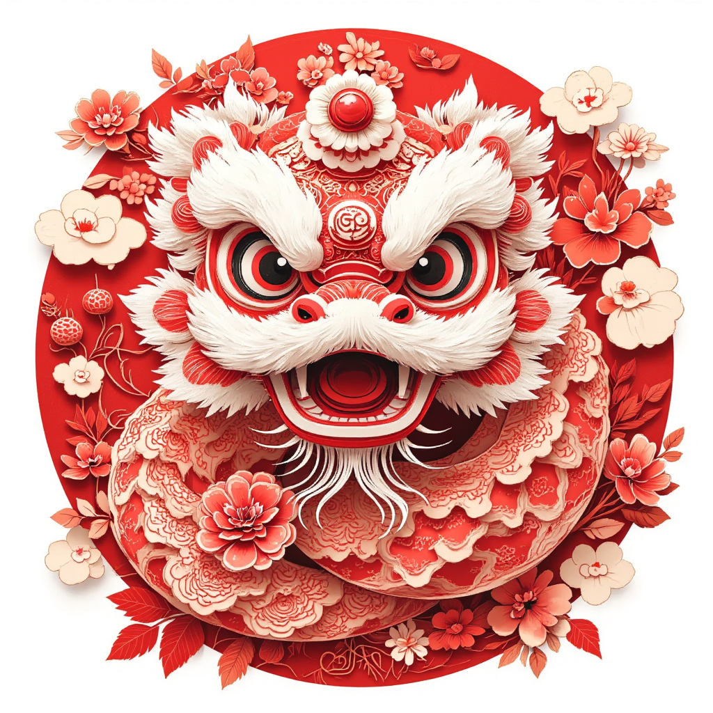 紅色剪紙，帶著醒獅帽子的可愛小蛇，傳統(tǒng)紋樣，新年主題，矢量風(fēng)，白色背景