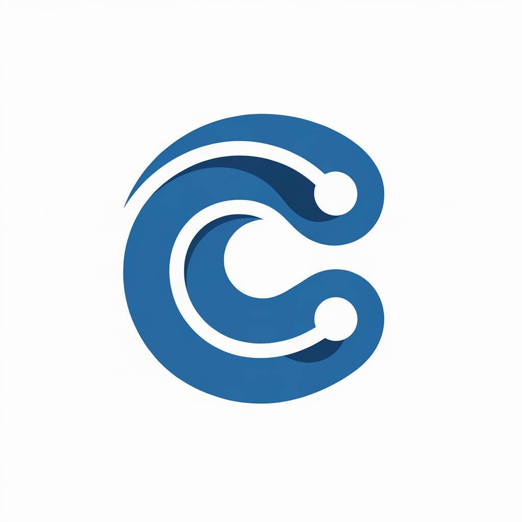 A stylized, abstract representation of the letter 'C'. It is predominantly blue in color and is designed in a swirling, looped pattern. The 'C' is interconnected with two white dots, one at the top and the other at the bottom, giving it a unique and modern appearance.,logo icon