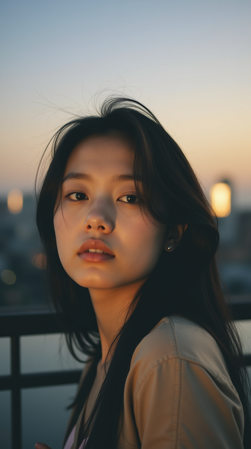 A young woman with long, dark hair, gazing intently at the camera. She has fair skin and is wearing subtle makeup. The backdrop is a serene evening sky with hues of blue and orange, suggesting that the photo was taken during sunset or sunrise. The woman is positioned in the foreground, with a blurred cityscape in the background, hinting that she might be on a rooftop or balcony overlooking the city.